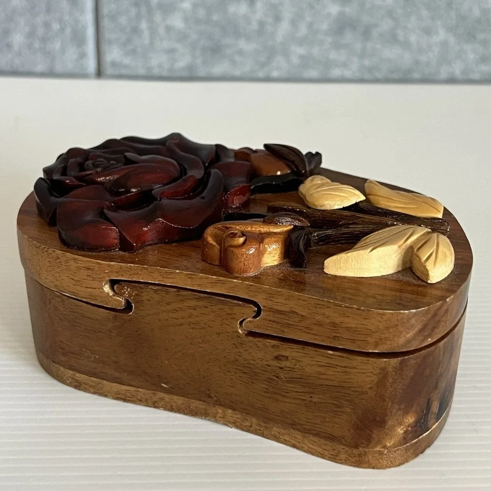 Handcrafted Wooden Floral Puzzle Box with Carved Rose and Red Velvet Lining